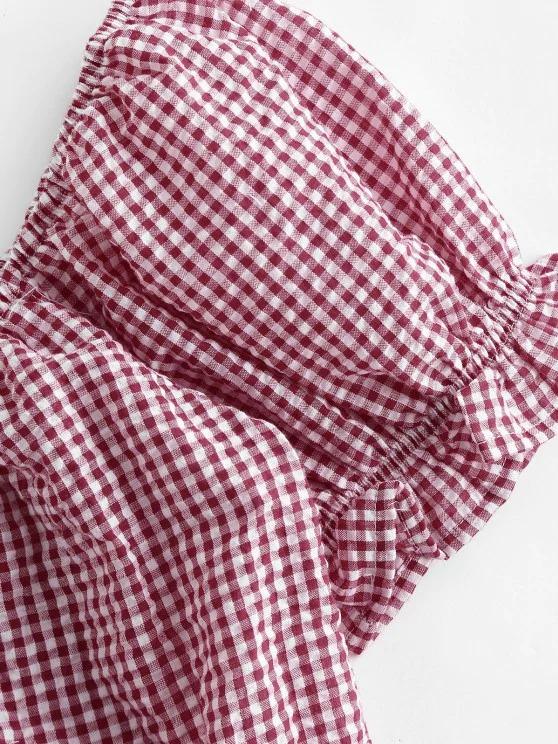 Gingham Smocked Button Up Ruffle Crop Blouse for Women