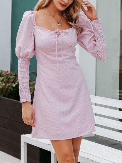 Gingham Tie Front Gigot Sleeve Dress 1DRE210429070PINS S / Pink