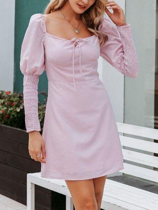 Gingham Tie Front Gigot Sleeve Dress 1DRE210429070PINS S / Pink