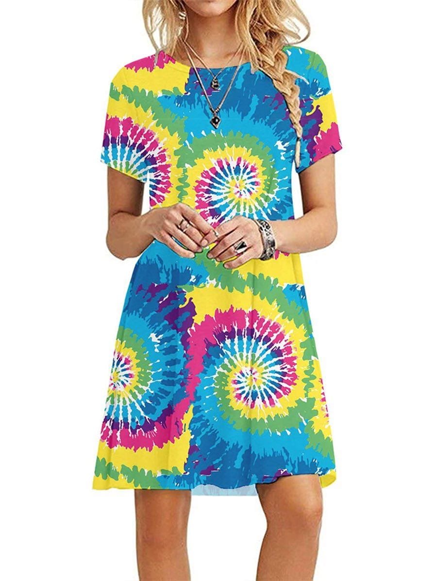 Girl'S Chiffon Dress With Round Neck And Short Sleeves DRE210130010STidye S / Tie dye