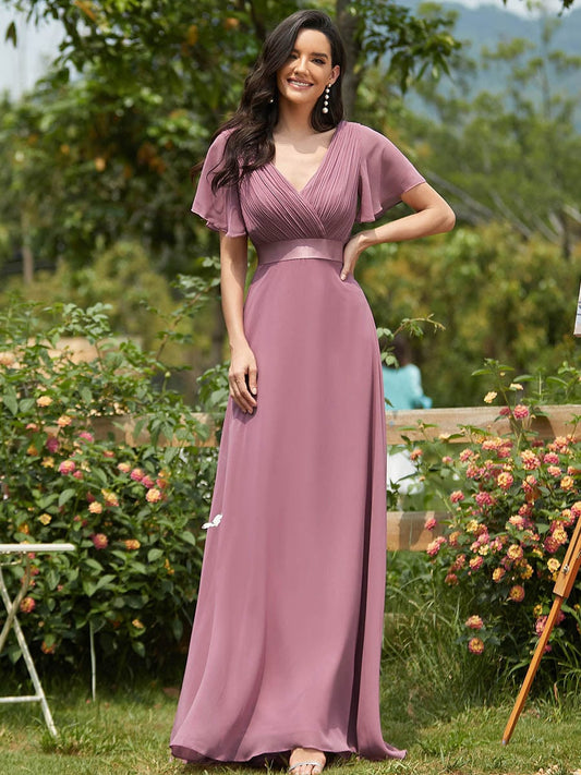 Glamorous Double V-Neck Ruffles Padded Wholesale Chiffon Evening Dresses EP09890OD04 Orchid / 4