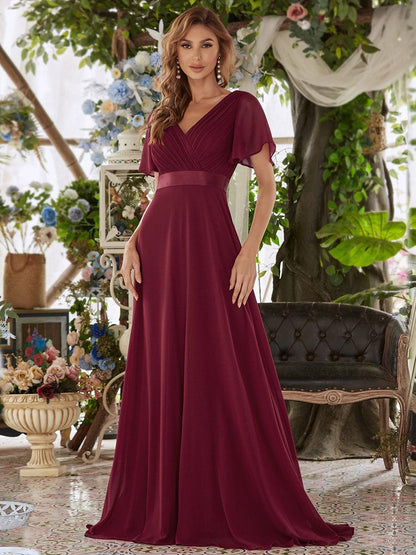 Glamorous Double V-Neck Ruffles Padded Wholesale Chiffon Evening Dresses EP09890BD04 Burgundy / 4