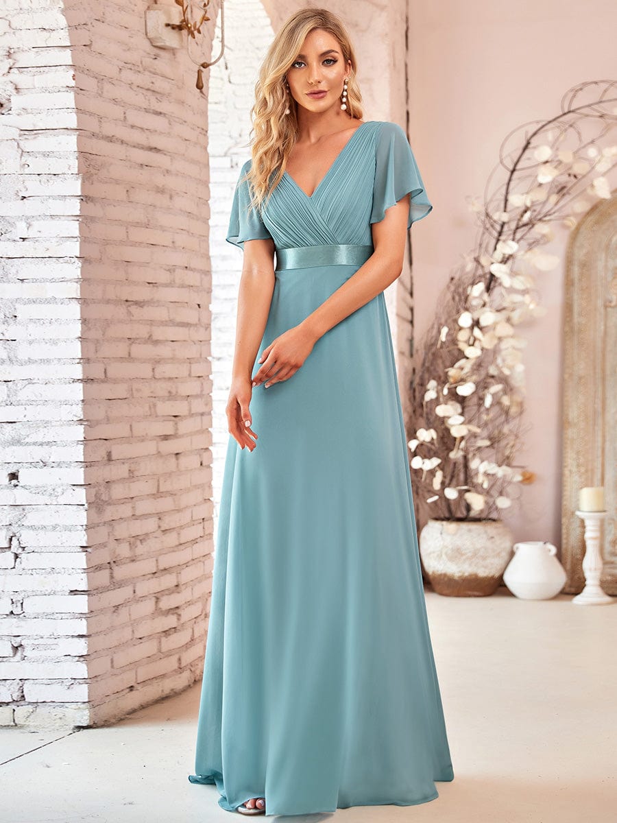 Glamorous Double V-Neck Ruffles Padded Wholesale Chiffon Evening Dresses