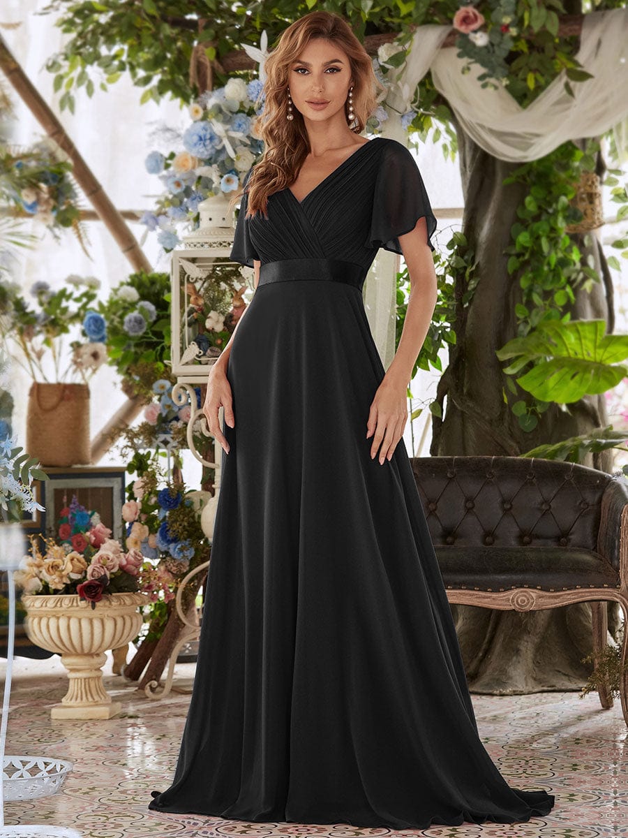 Glamorous Double V-Neck Ruffles Padded Wholesale Evening Dresses EP09890BK04 Black / 4
