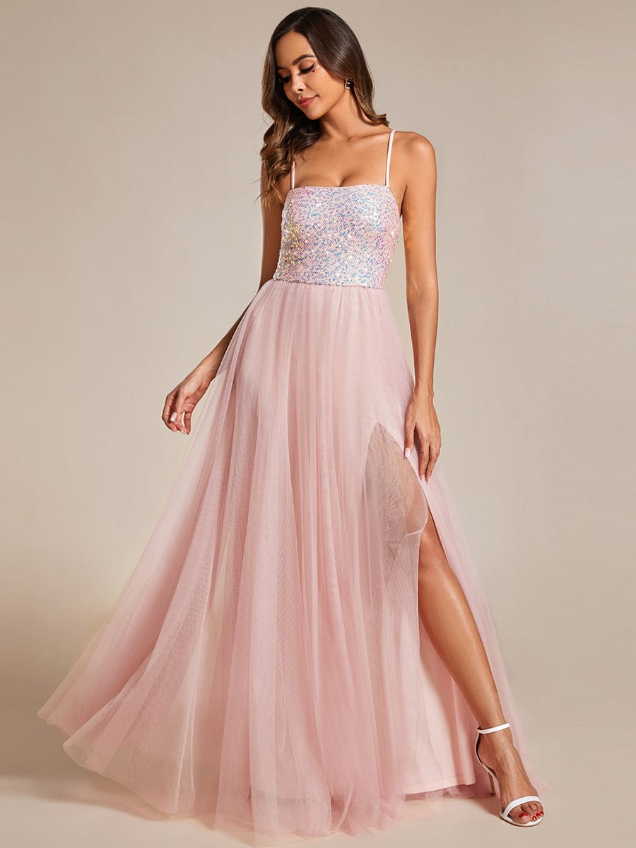 Glamorous Sequin and Tulle Spaghetti Strap Bridesmaid Gown with Thigh-High Slit