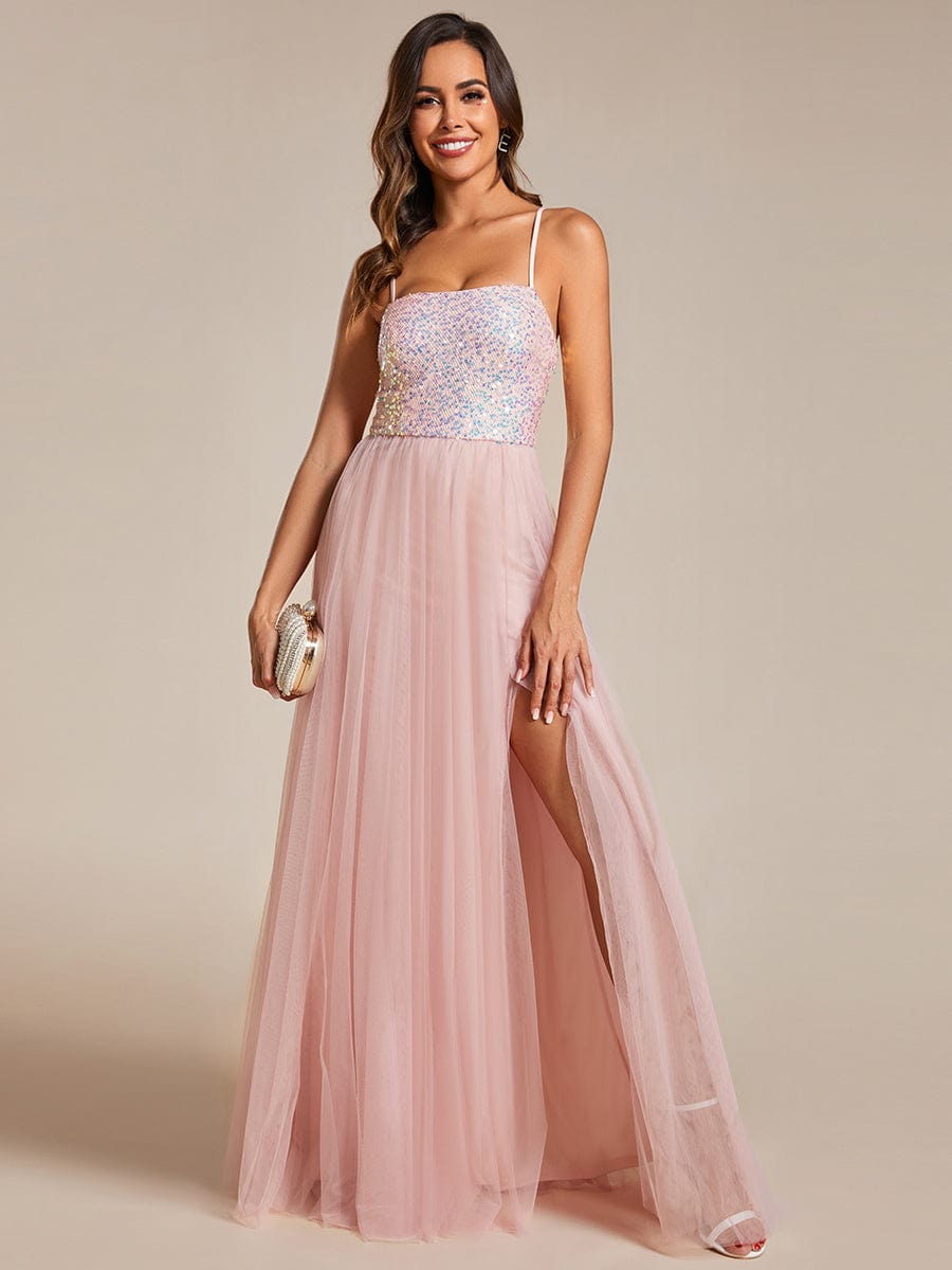 Glamorous Sequin and Tulle Spaghetti Strap Bridesmaid Gown with Thigh-High Slit