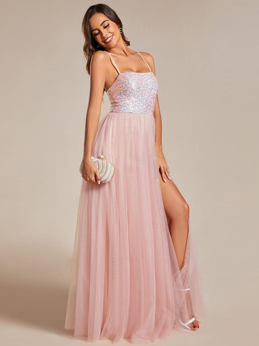 Glamorous Sequin and Tulle Spaghetti Strap Bridesmaid Gown with Thigh-High Slit