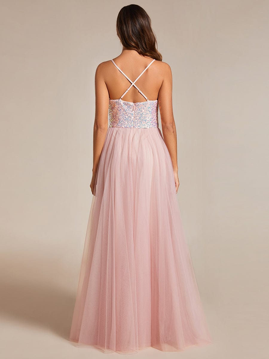 Glamorous Sequin and Tulle Spaghetti Strap Bridesmaid Gown with Thigh-High Slit