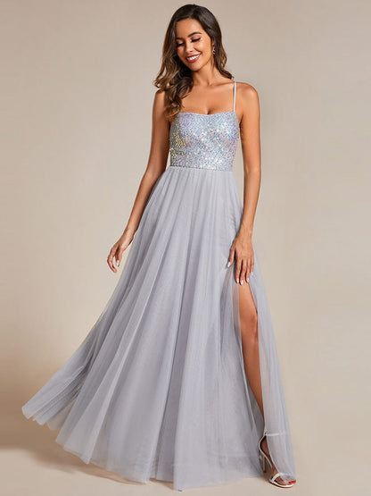 Glamorous Sequin and Tulle Spaghetti Strap Bridesmaid Gown with Thigh-High Slit