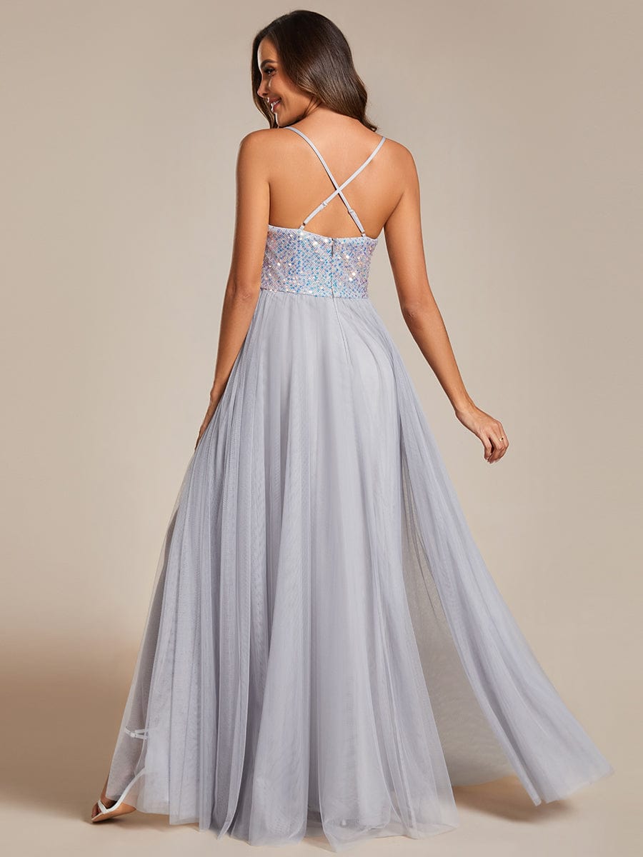 Glamorous Sequin and Tulle Spaghetti Strap Bridesmaid Gown with Thigh-High Slit