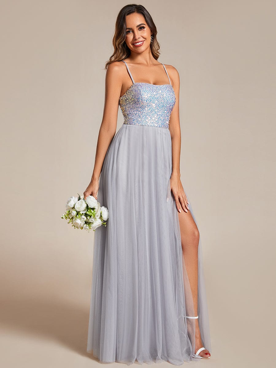 Glamorous Sequin and Tulle Spaghetti Strap Bridesmaid Gown with Thigh-High Slit