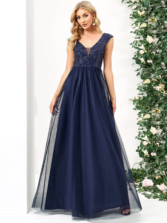 Glamorous Sleeveless A Line Wholesale Evening Dresses with Deep V Neck EE0115ANB04 Navy Blue / 4