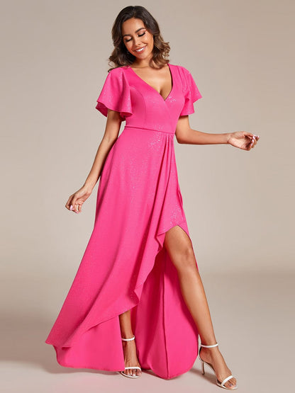 Glamorous V-Neck A-Line Evening Gown with Side Split and Ruffle Sleeves