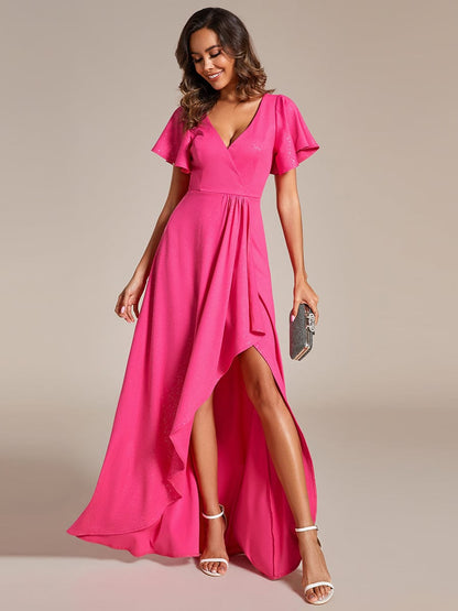 Glamorous V-Neck A-Line Evening Gown with Side Split and Ruffle Sleeves