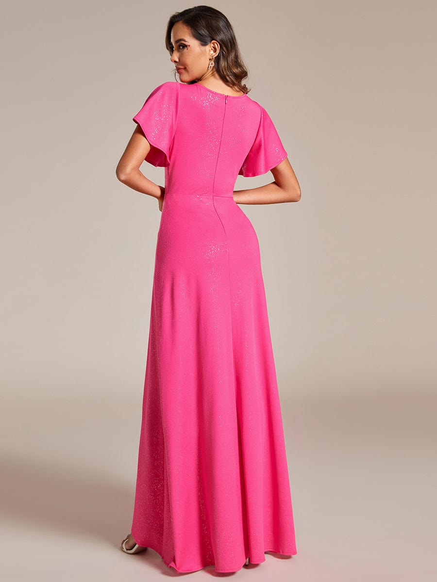 Glamorous V-Neck A-Line Evening Gown with Side Split and Ruffle Sleeves