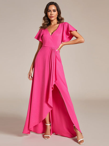 Glamorous V-Neck A-Line Evening Gown with Side Split and Ruffle Sleeves