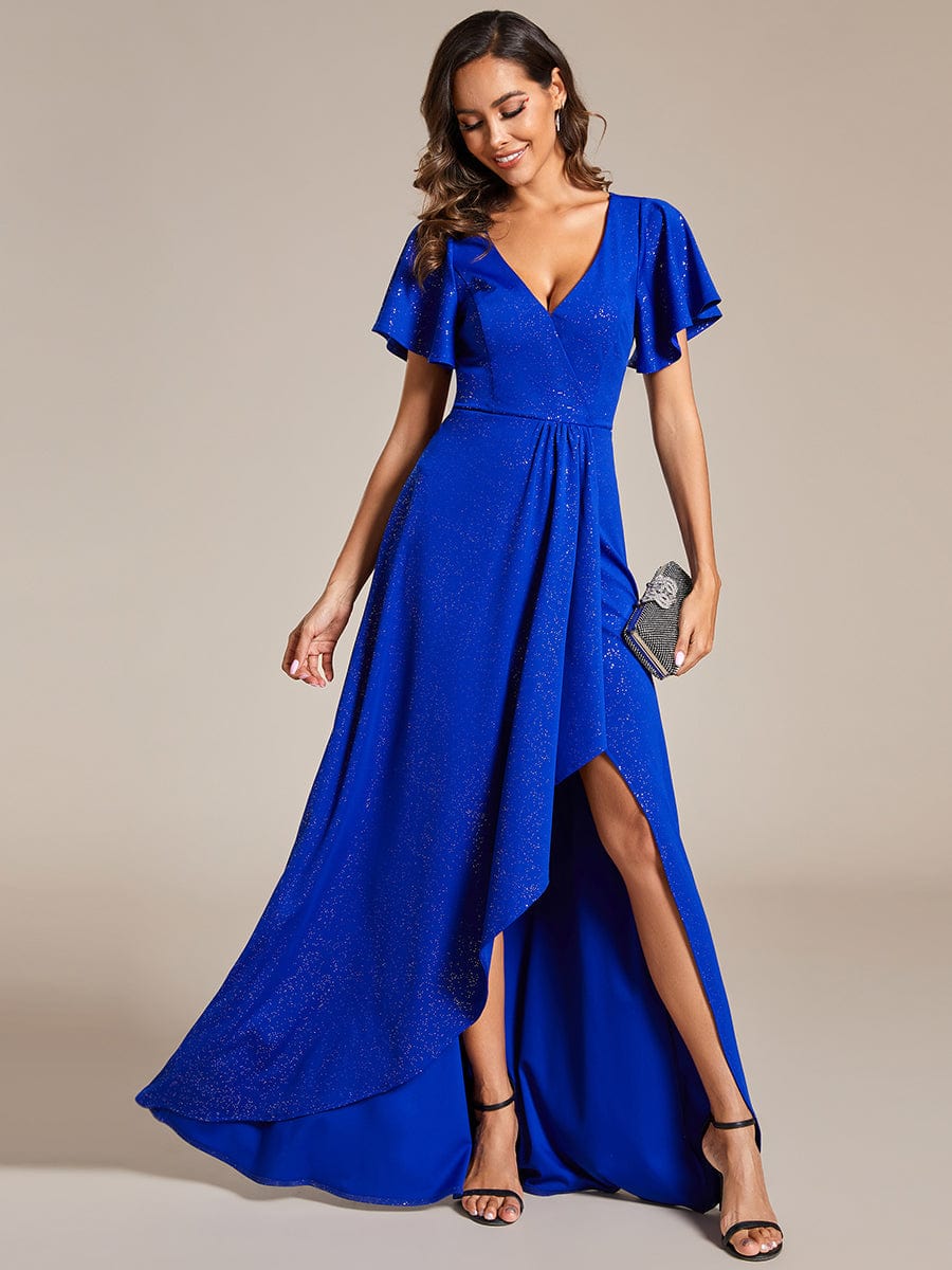 Glamorous V-Neck A-Line Evening Gown with Side Split and Ruffle Sleeves