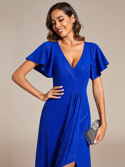 Glamorous V-Neck A-Line Evening Gown with Side Split and Ruffle Sleeves