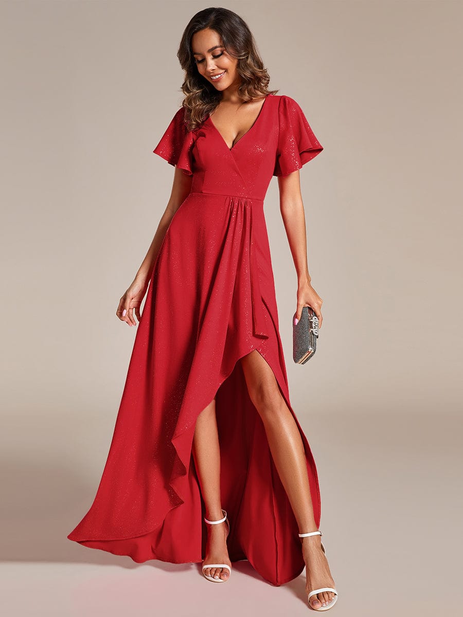 Glamorous V-Neck A-Line Evening Gown with Side Split and Ruffle Sleeves