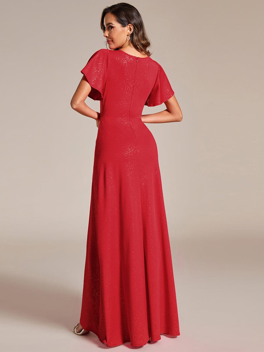 Glamorous V-Neck A-Line Evening Gown with Side Split and Ruffle Sleeves