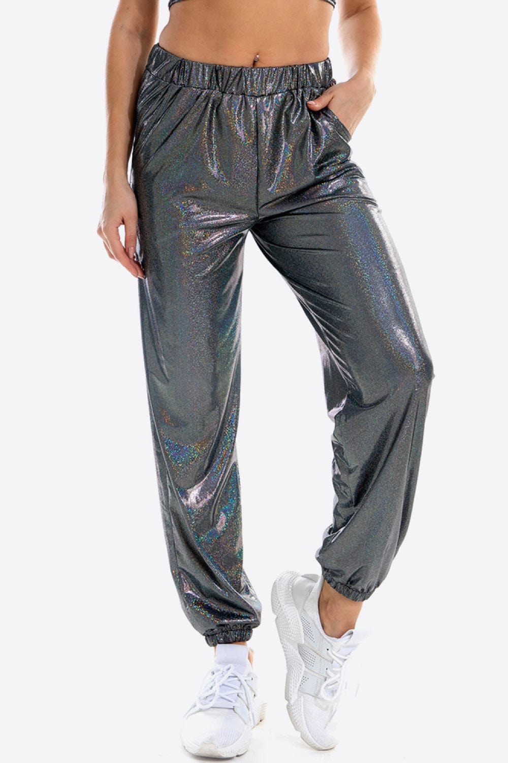 Glitter Elastic Waist Pants with Pockets MS231013001777FS Dark Gray / S
