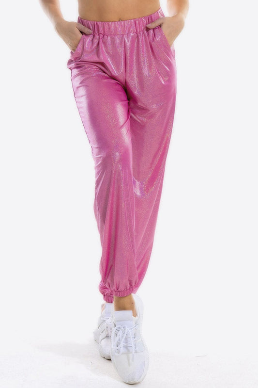 Glitter Elastic Waist Pants with Pockets MS231013001781FS Fuchsia Pink / S