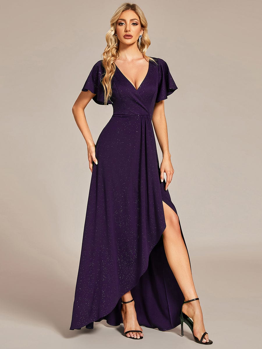 Glitter High-Low Front Side Slit Ruffled V-Neck Evening Dress DRE2310040022PUR4 Purple / 4