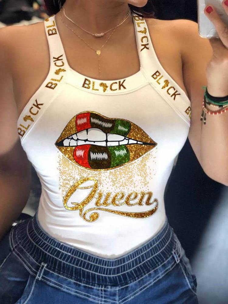 Glittering Lip Queen Print U-neck Tank Top TAN210428024WHIS White / S