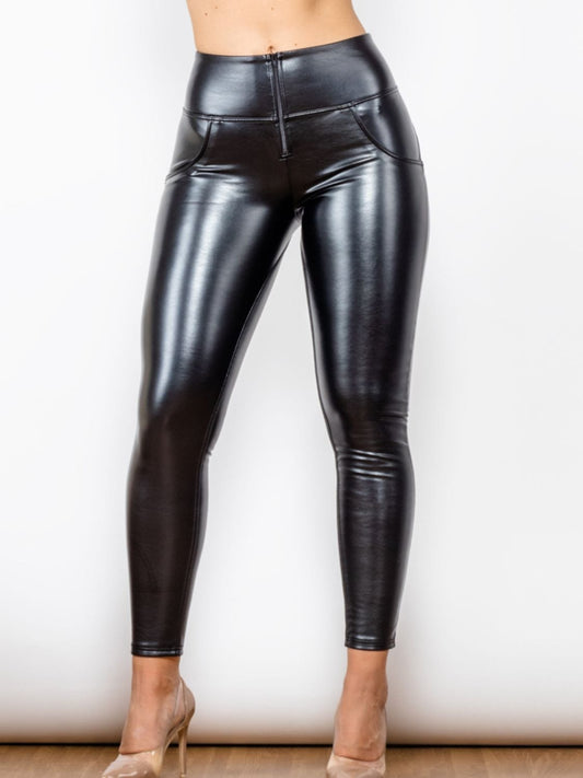 Glossy PU Leather Long Pants MS231013006461FXS Black / XS