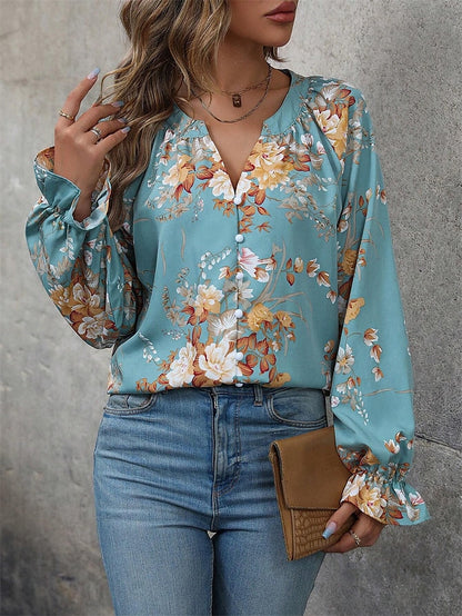 Women's Shirt Blouse Floral Blue Print Button Long Sleeve Casual Holiday Fashion V Neck Regular Fit Spring &  Fall