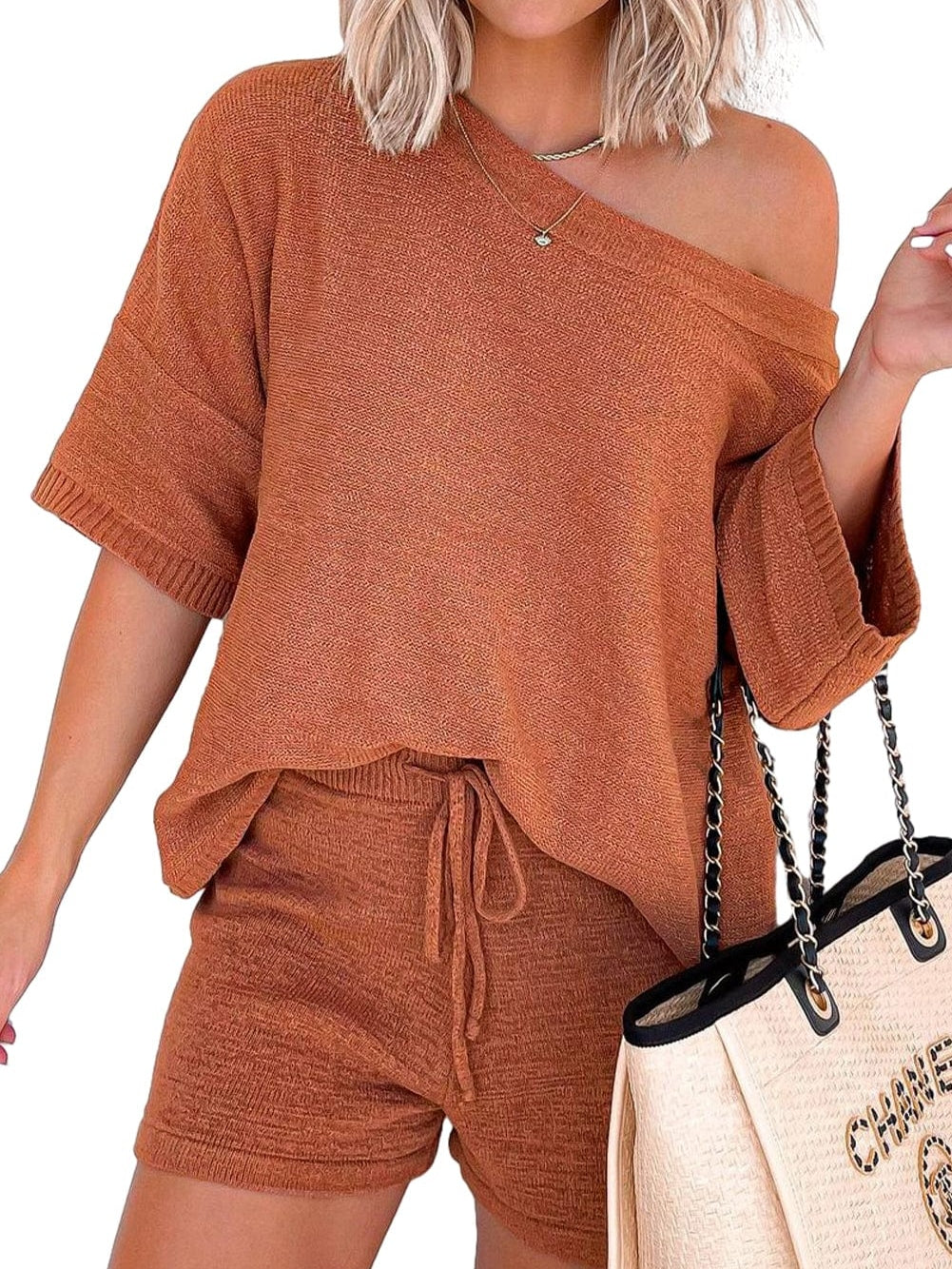 Golden Ember Knit Two-Piece Set with Loose Top and Drawstring Shorts