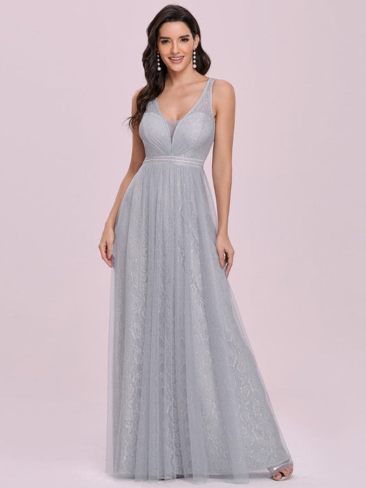 Gorgeous V Neck Lace & Tulle Maxi Wholesale Bridesmaid Dress ES00127GY04 Grey / 4