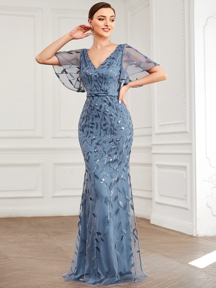 Gorgeous V Neck Leaf-Sequined Fishtail Wholesale Evening Dress EE00693DN04 Dusty Navy / 4