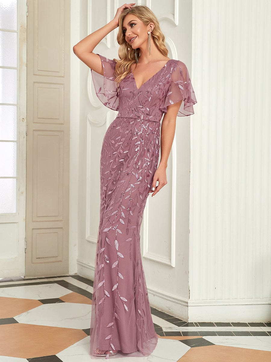 Gorgeous V Neck Leaf-Sequined Fishtail Wholesale Evening Dress EE00693OD04 Orchid / 4