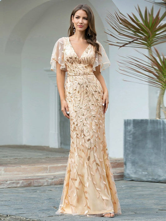 Gorgeous V Neck Leaf-Sequined Fishtail Wholesale Party Dress EP00692GD04 Gold / 4