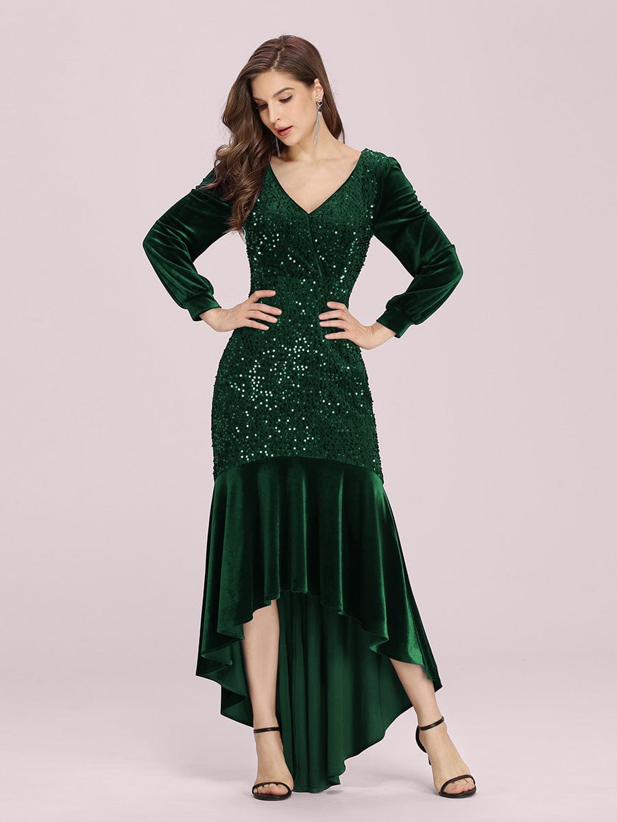 Gorgeous Wholesale Sequin & Velvet High-Low Plus Size Party Dress EP00471DG04 Dark Green / 4