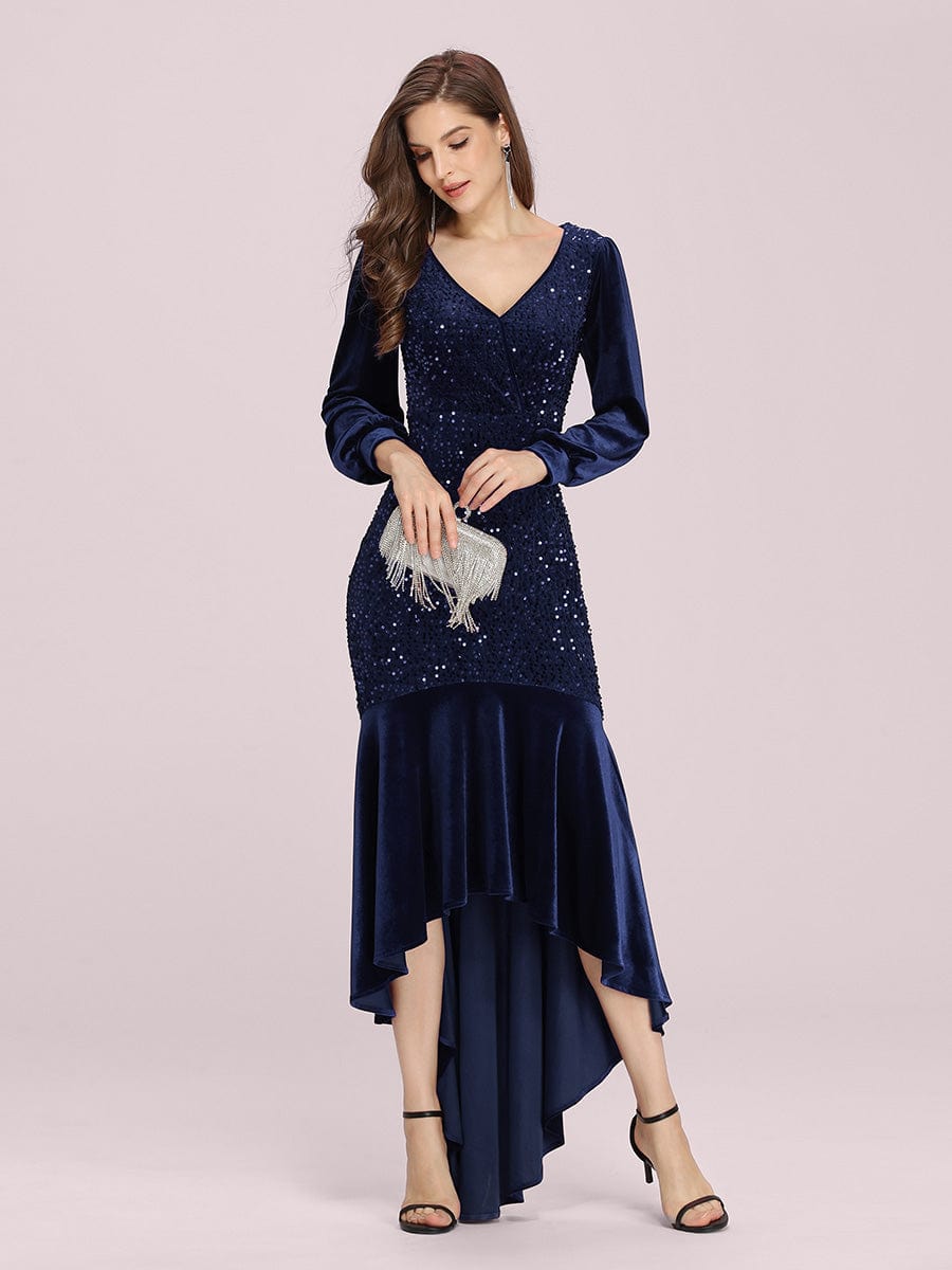 Gorgeous Wholesale Sequin & Velvet High-Low Plus Size Party Dress EP00471NB04 Navy Blue / 4