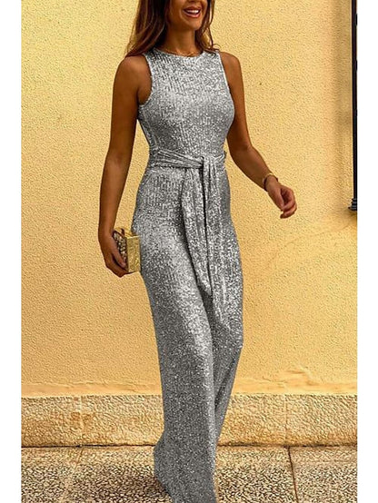 Women's Jumpsuit Backless Sequin Solid Color Crew Neck Elegant Party Prom Regular Fit Sleeveless Black Pink Wine S M L Summer - LuckyFash™