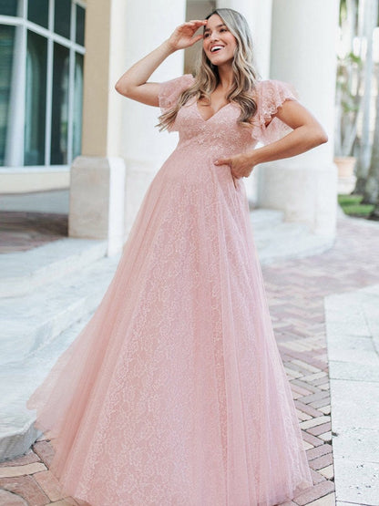 Graceful V-Neck Gown with Flowy Ruffle Sleeves