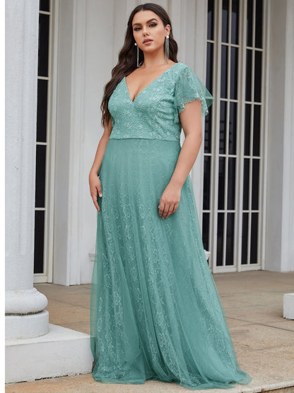 Graceful V-Neck Gown with Flowy Ruffle Sleeves