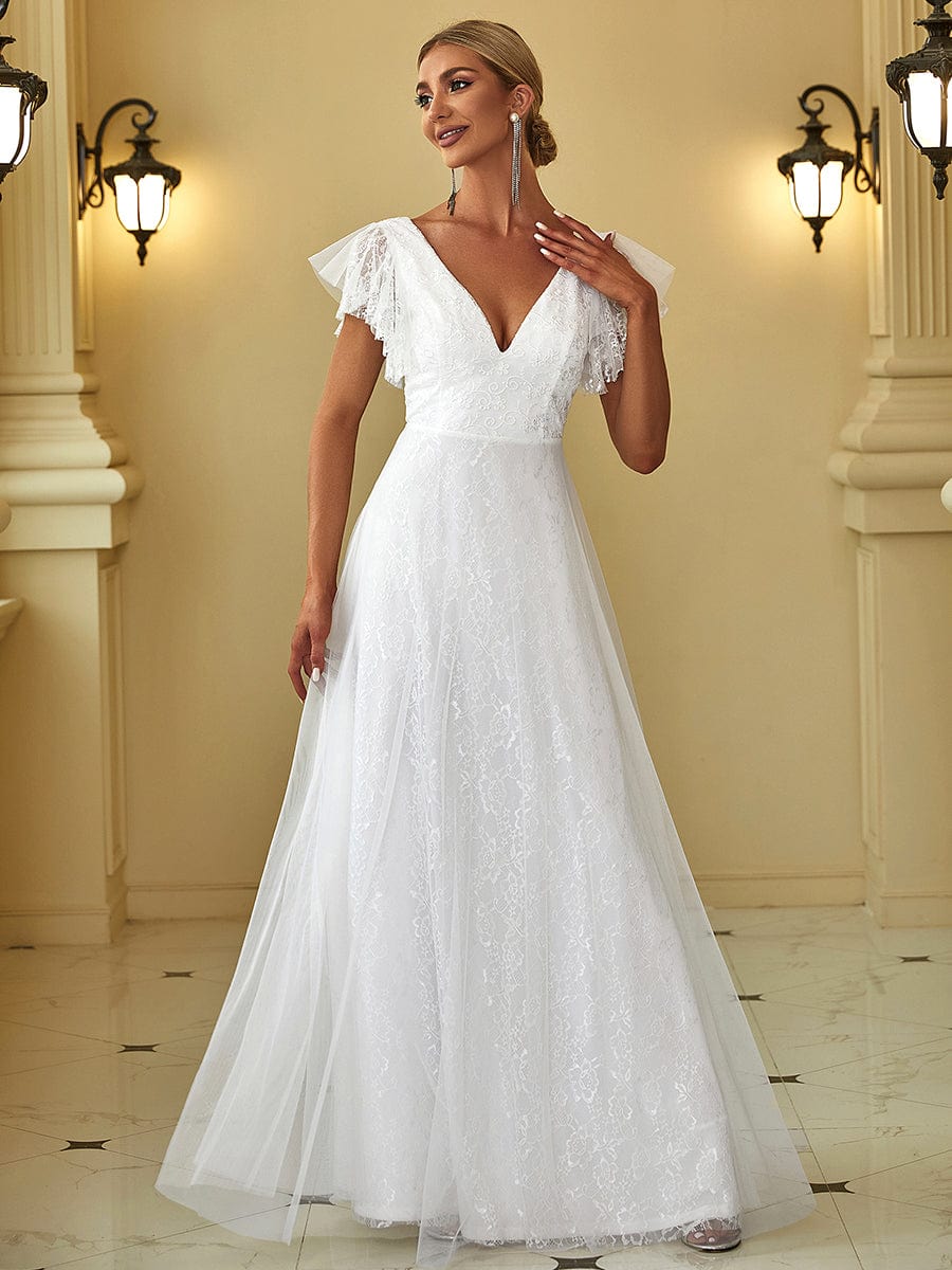 Graceful V-Neck Gown with Flowy Ruffle Sleeves