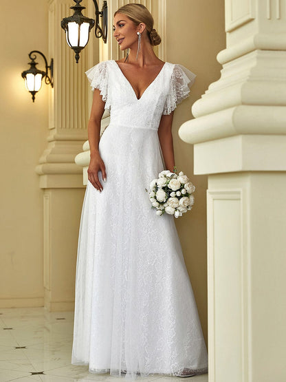 Graceful V-Neck Gown with Flowy Ruffle Sleeves