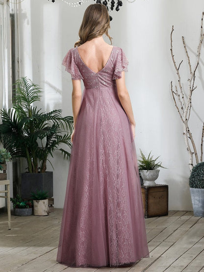 Graceful V-Neck Gown with Flowy Ruffle Sleeves