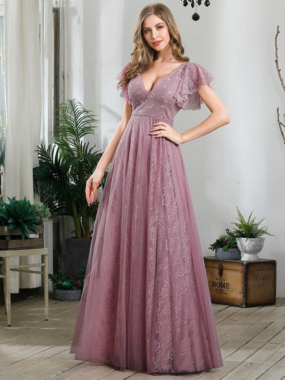 Graceful V-Neck Gown with Flowy Ruffle Sleeves