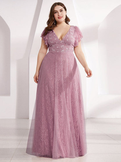 Graceful V-Neck Gown with Flowy Ruffle Sleeves