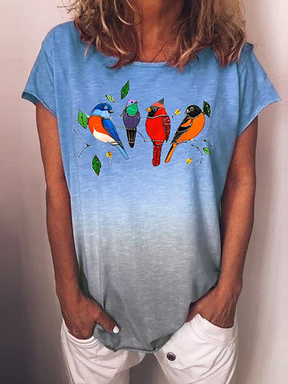 Gradient Bird Print Round Neck Short Sleeve T-shirt TSH2106100300BLUS Blue / S