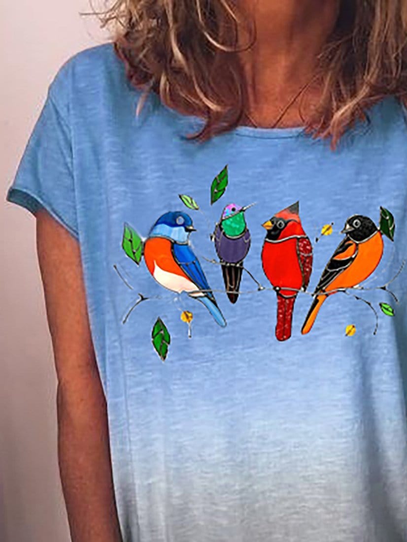 Gradient Bird Print Round Neck Short Sleeve T-shirt