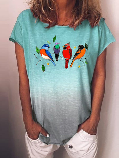 Gradient Bird Print Round Neck Short Sleeve T-shirt TSH2106100300LGRES Lake Green / S