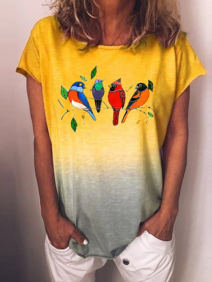 Gradient Bird Print Round Neck Short Sleeve T-shirt TSH2106100300YELS Yellow / S