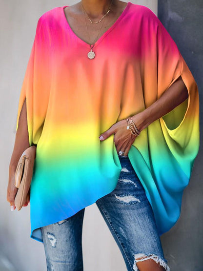 Gradient Color Tie Dye Print Batwing Sleeve Casual Top BLO210428052MULS Multicolor / S